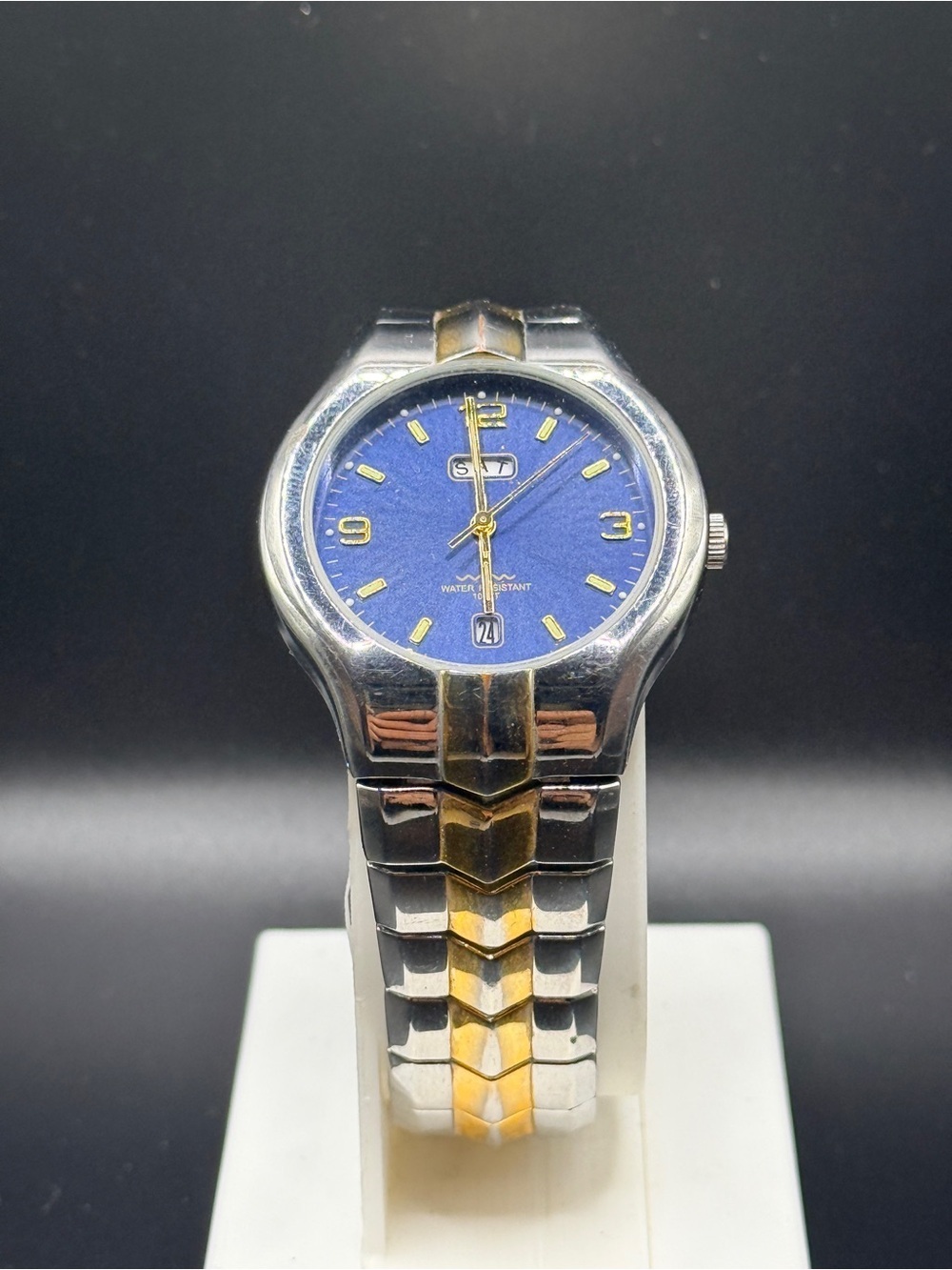 Vintage Puritan Advance Watch Blue Sunburst Day Date Two Tone Steel 39mm
